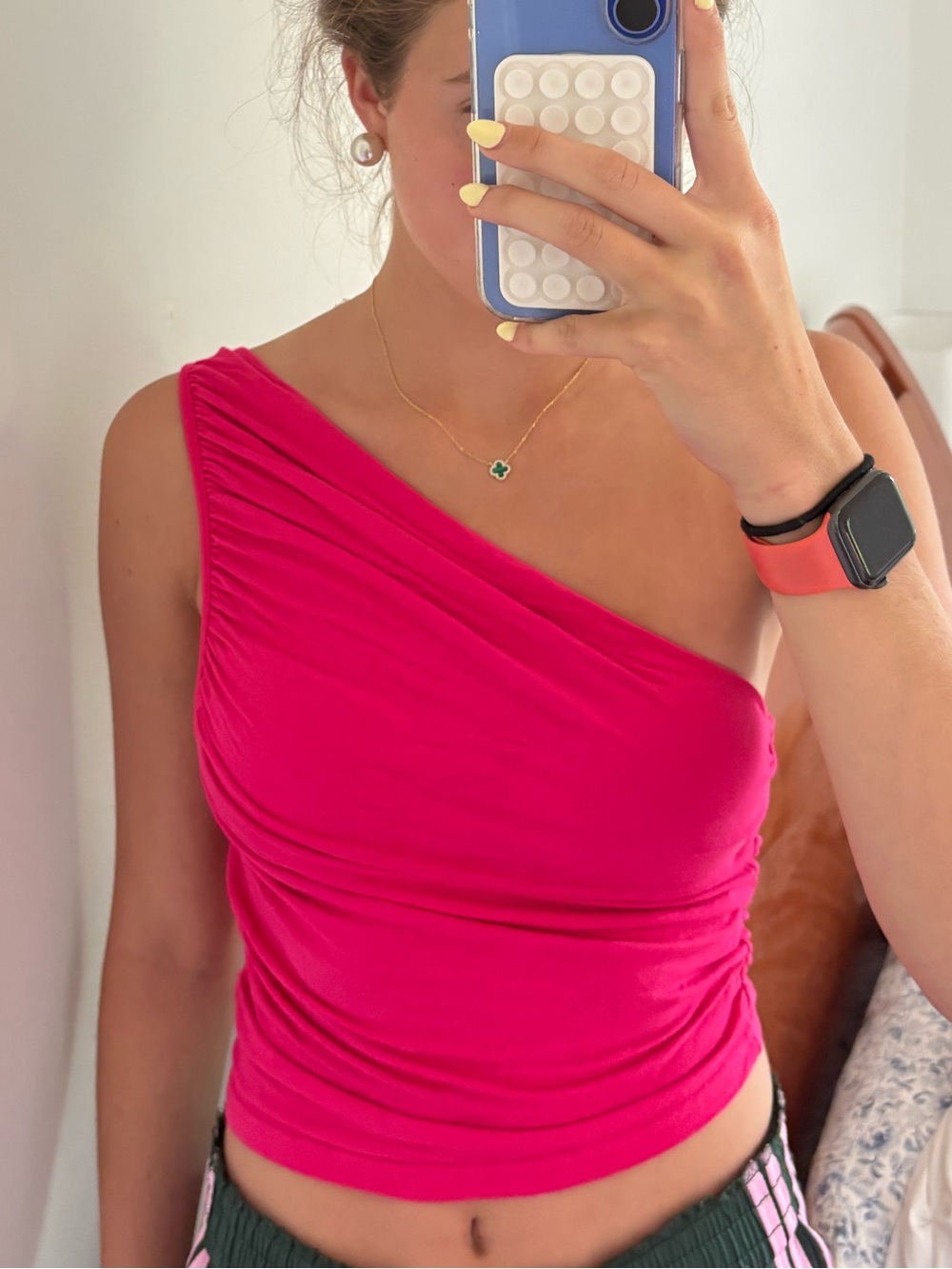 Zara Hot Pink One-Shoulder Ruched Tank Top